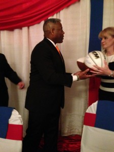 West was presented with a. Coach Butch Jones autographed football and a Coach Holly Warlick autographed basketball.