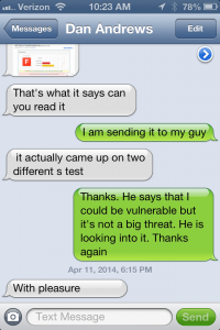 Part 2 of the text message from April 11, 2014. Again, I was professional and respectful to the sky is falling. 