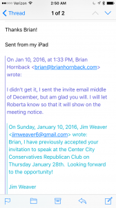 Email from Jim Weaver confirming he would attend the CCCRC on 1-28-2016