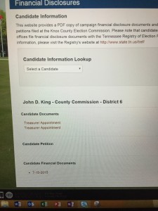 The KnoxVotes website that identifies all the filings of John D King as of 2/7/2015