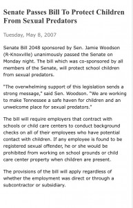 The 2007 press release of State Senator Jamie Woodson about a bill with the legislative intent to protect ALL TN students 