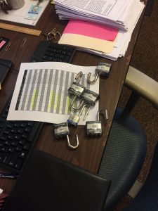 the six padlocks that kept the six boxes locked since 11/8/2016 sit on a desk. 
