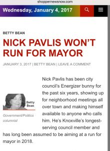A screenshot of today's online article that shows 2018 Mayor.