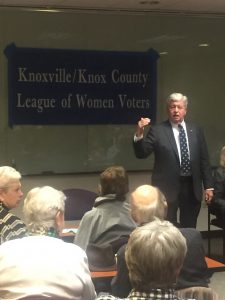 Lt. Governor Randy McNally addressing the crowd at a League of Women Voters forum 