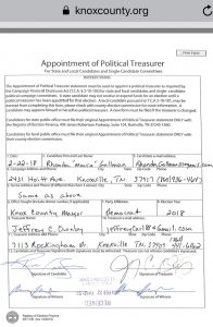 Appointment of Treasurer filed with the Knox County Election Commission on February 22, 2018
