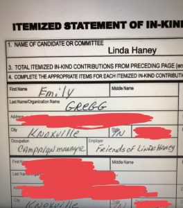 A copy of Linda Haney's Financial Disclosure, that identifies Gregg as Campaign Manager NOT Knox County Democrat Party Chair