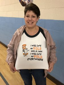 School Board Member Kristi Kristy showing her Dr. Suess and VOLS shirt