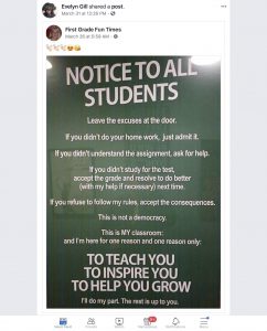 Facebook page of Evelyn Gill. Shared on March 31, 2019.  "If you refuse to follow my rules, accept the consequences"  REALLY?