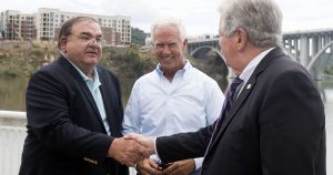 Mike Chase of Copper Cellar greeting Lt. Governor Randy McNally near his Copper Cellar on the River