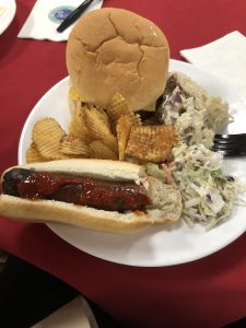Hamburger, Hot Dog, potato salad, Cole slaw and chips 