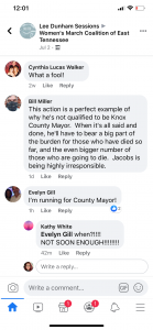 Screenshot from a July 2 Facebook where it reads as if Commissioner Evelyn Gill indicates she may run from County Mayor I assume in 2022