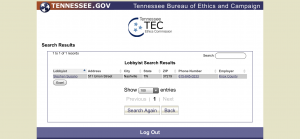 The Tennessee Ethics Commission showing the Knox County Government lobbyist Stephen Susano of the Stones River Group. 