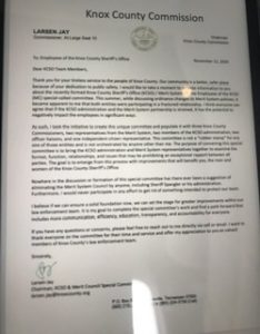 screenshot of letter from Commissioner Jay to Knox Sheriffs Department Personnel