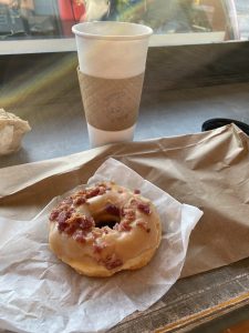Maple Bacon doughnut and coffee 