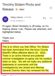 picture of emailed statement attributed to Kimberly Glenn announcing Stidam's termination